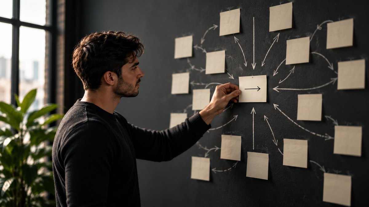 A learner arranging connected ideas on a chalkboard