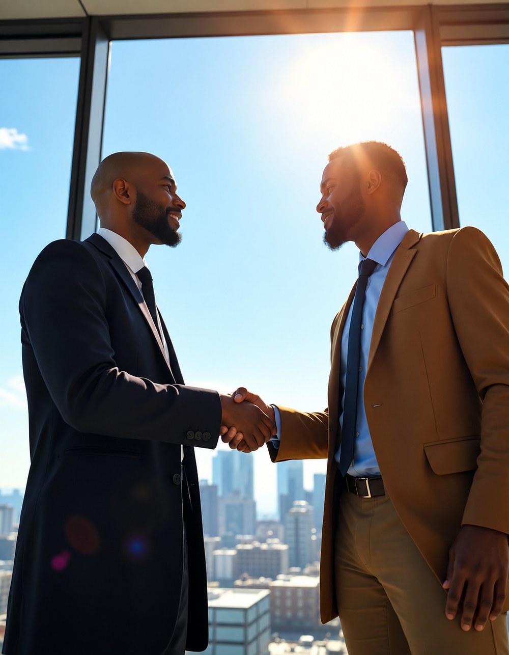 Two professionals shaking hands beside sunlit office windows